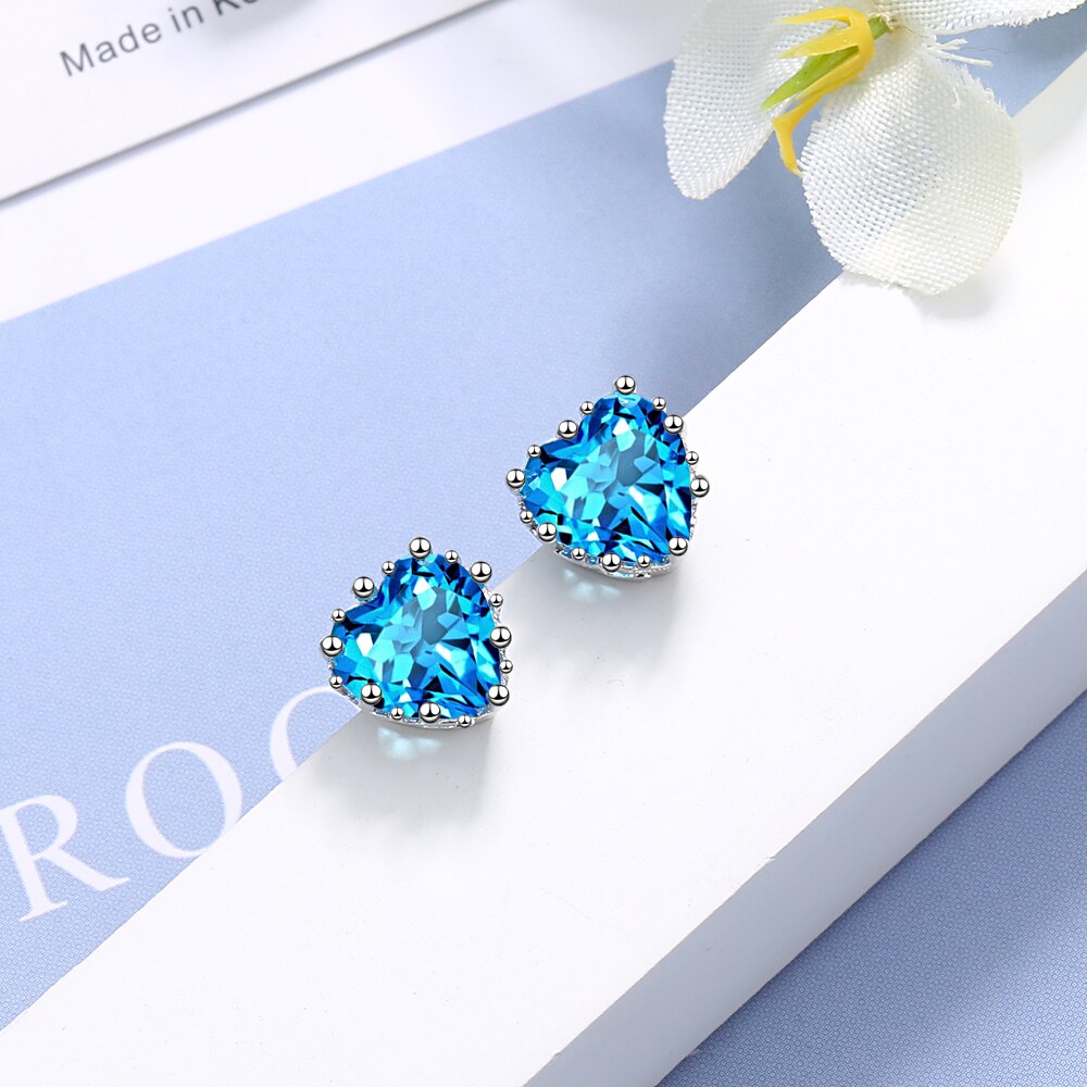 925 Sterling Zilver Liefde Hart Oorbel Luxe Vrouwelijke Crystal Blue Zircon Stud Oorbellen Voor Vrouwen Wedding Party S-E1039