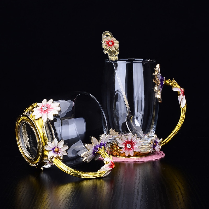 Värmebeständig kristallmugg emalj glasmugg blomma teservis kaffekopp vatten mjölk kaffe drinkware för  lw424343