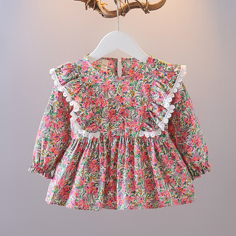 2022 Herfst Lente Kinderen Blouse Voor Meisjes Bloemenprint Lange Mouwen Shirts Tops Tees Peuter Kids Kleding Prinses Jurk