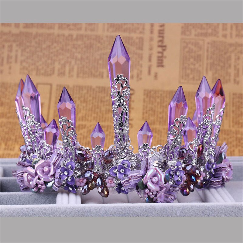 Vintage Purple Crystal Queen King Wedding Noble Crown Tiara Bride Prom Flower Perfect Coronas Headdress Women Jewelry Accessory