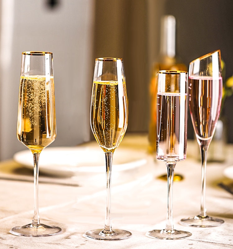 Gold Trim Champagne Flute Glasses Cocktail Glasses Elegantly Hand Blown, Lead Free, Champagne Cups