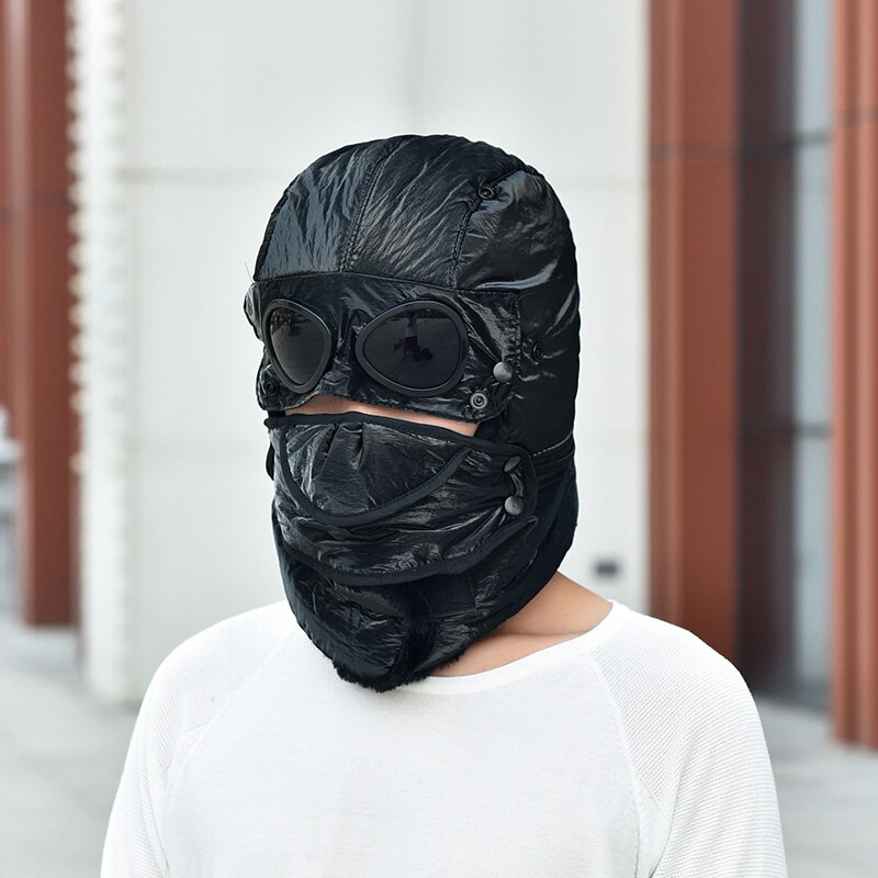 Coole Brille Kappe Neue Uschanka Winter Dicke Warme Faux Pelz Bomber Hut Männer Frauen Ski Maske Earflap Winddicht Volle gesicht Schnee Kappe: Black