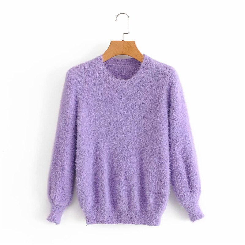 LUNDUNSHIJIA Autumn Women Mohair Short Sweaters Ladies O-neck Long Sleeve Slim Solid Color Pullovers Top