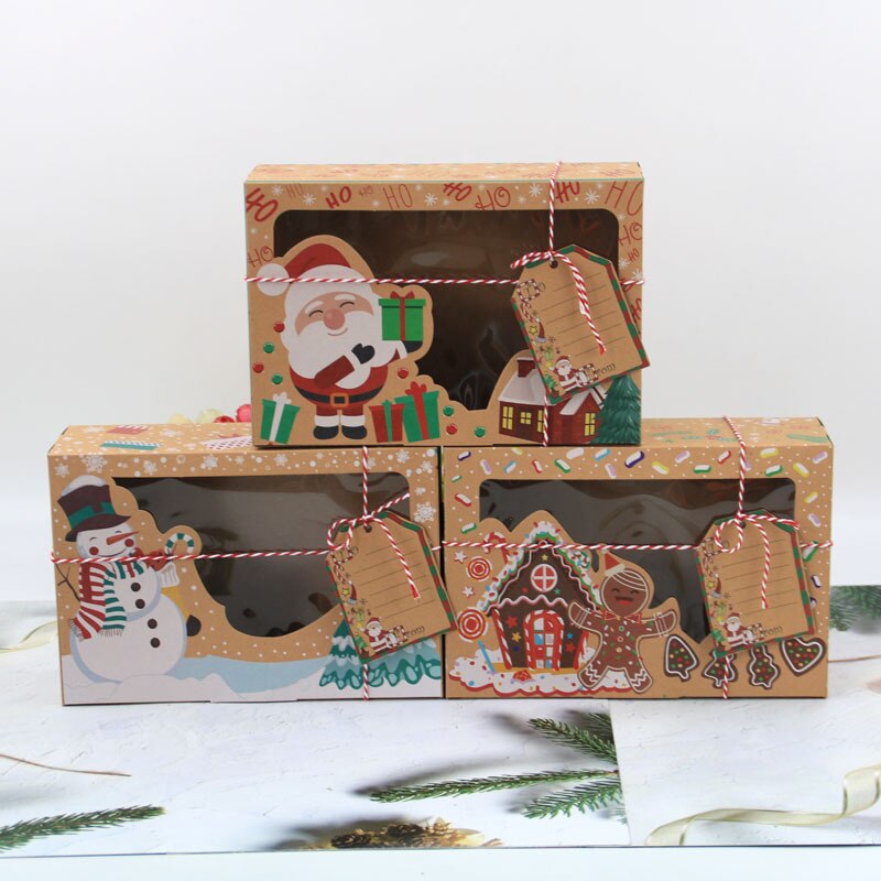 12 Stuks Kraftpapier Doos Kerst Snoep Koektrommel Pvc Raam Cookie Box Gingerbread Verpakking
