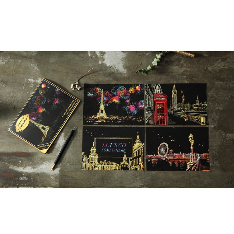 Postkaart Stad Nacht Scène Schrapen Schilderij Kleine Kleurrijke Kras Schilderen Set kinderen