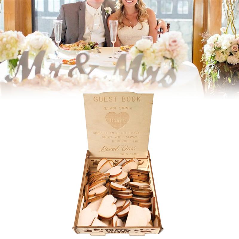 Libro de invitados de madera Retro caja de firmas de boda de madera caja de almacenamiento de piezas de madera en forma de corazón (no contiene bloques en forma de corazón)