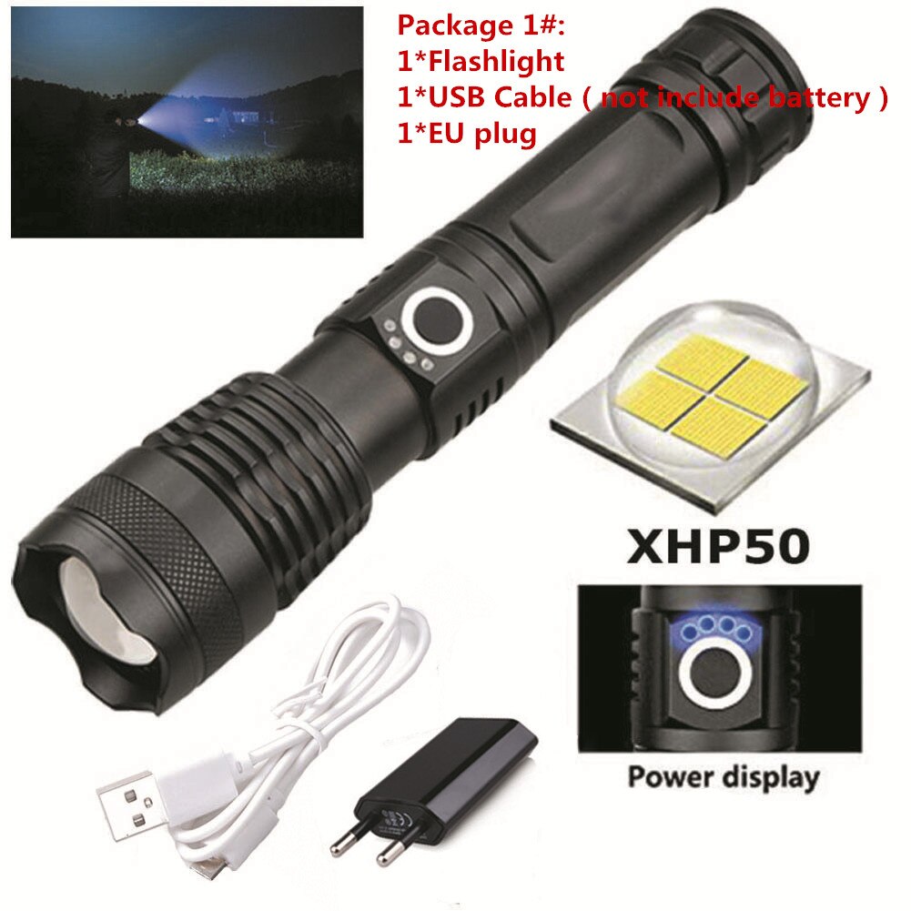 Xhp 50 usb genopladelig lommelygte lommelygte super kraftfuld led lommelygte vandtæt lampe ultra lys lanterne camping: Intet batteri