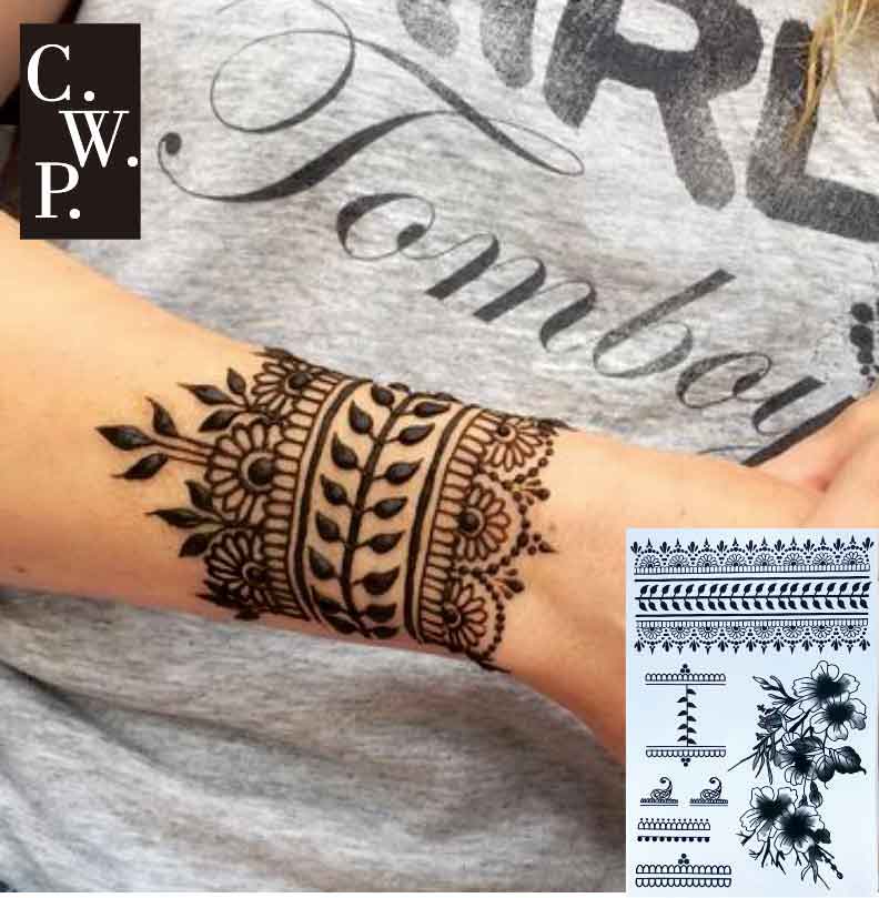 # BH1704 1 stuk Zwarte Henna Manchet Tattoo met Bloem Pols patroon Tijdelijke Tattoo voor Handen Stickers