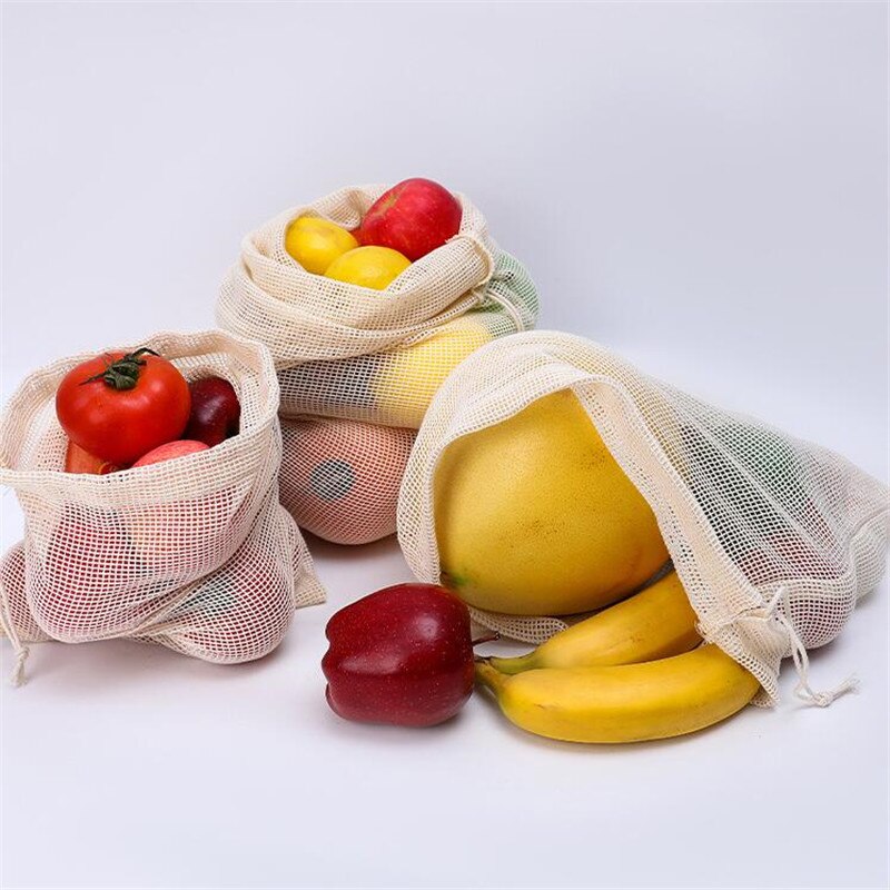 Cotton Mesh Vegetable Bags Produce Bag Reusable Cotton Mesh Vegetable Storage Bag Kitchen Fruit Vegetable with Drawstring