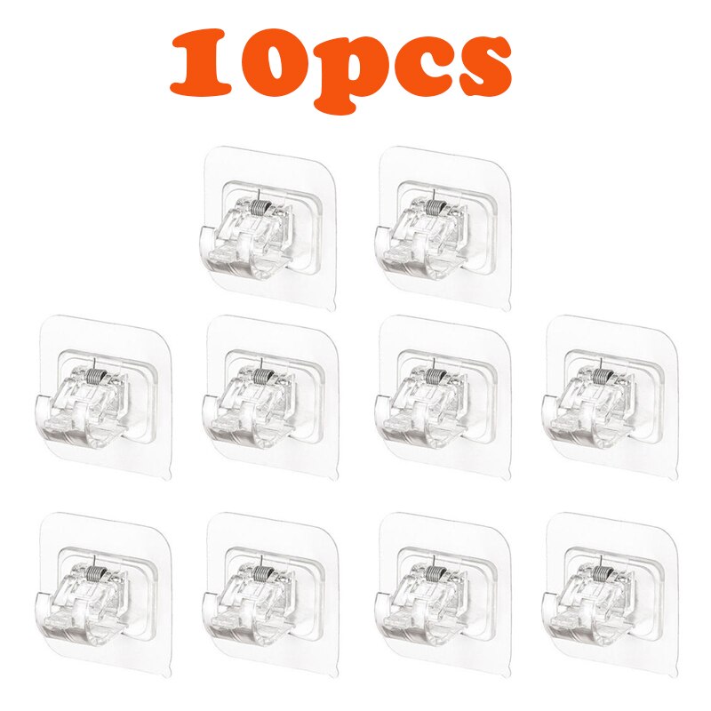 Home Storage Hooks Punch-free Curtain Rod Holder Hook Shower Curtain Rod Hanging Clip Powerful Fixed Clip Hanging Rack Hooks: 10pcs-transparent