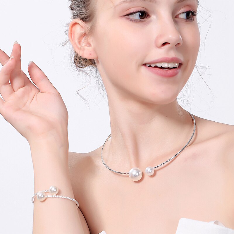 Mode Eenvoudige Gesimuleerde Parel Bruids Sets Kristal Bruiloft Sieraden Ketting Bangle Set Voor Vrouwen Bruiloft Sieraden