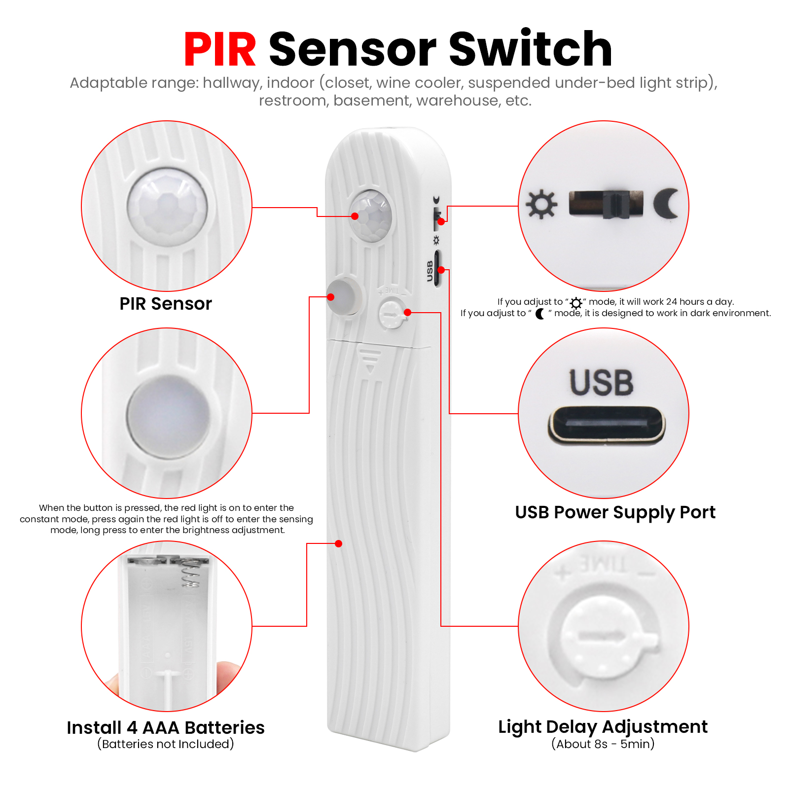 Tira de luces LED COB con Sensor humano, batería 4AAA, cinta LED Flexible regulable de 5V con cinta adhesiva para retroiluminación de armario y dormitorio