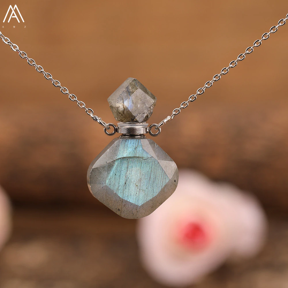 Arco-íris labradorite garrafa de óleo essencial perfume garrafa pingente colar moda feminina coração gem pedra jóias presente dropship