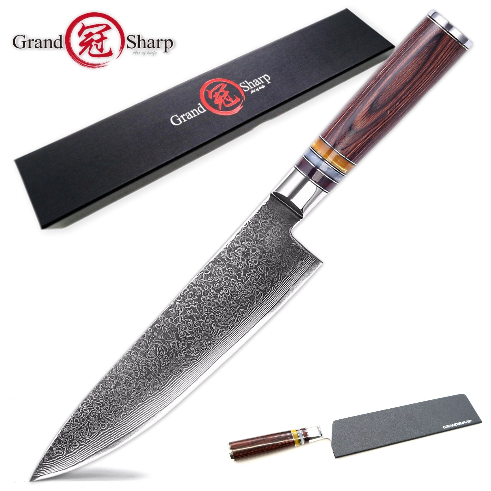 Grandsharp Damasco cuchillos de cocina 4 Uds Chef cuchillo Nakiri de corte de herramientas de cocina casera VG10 japonés de acero inoxidable: Chef knife