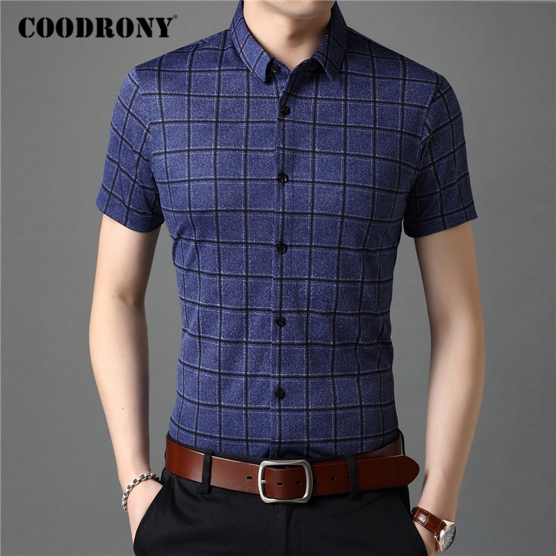 COODRONY Men Shirt Spring Summer Short Sleeve Business Casual Shirts Mens Clothes Slim Fit Plaid Camisa Masculina C6013S