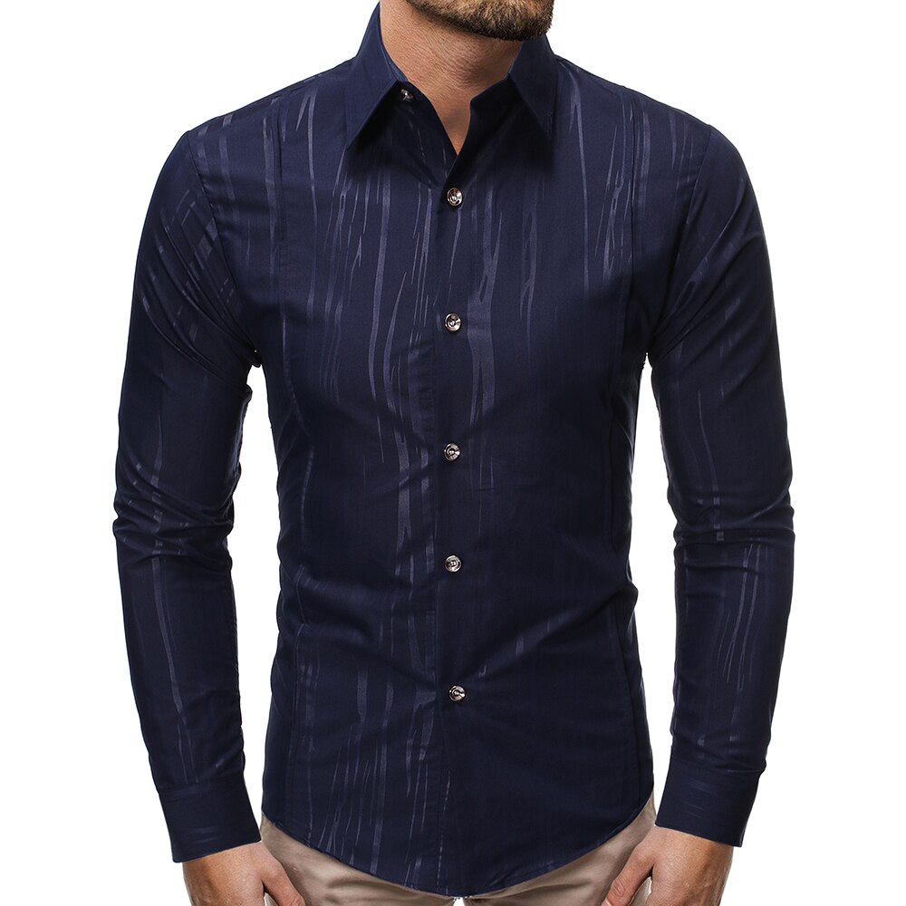 Men Shirts Arrivals Texture printing Slim Fit Male Shirt Solid Long Sleeve British Style Cotton Men's Shirt: Navy Blue / XXXL