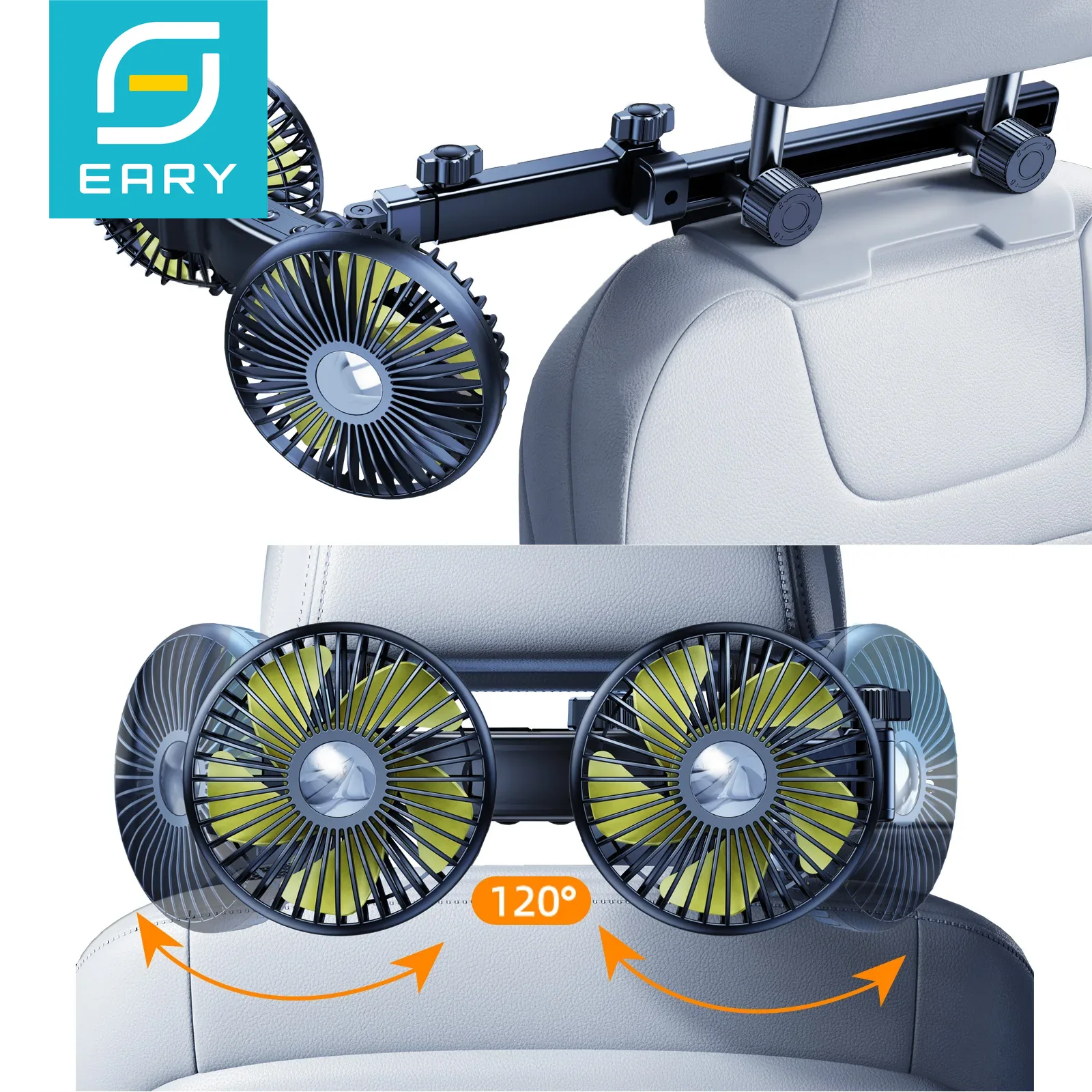Eary-ventilador de doble cabezal para coche, soporte para reposacabezas del asiento trasero, carga USB, brazo largo, ajustable, viento de 3 velocidades, potente ventilador de refrigeración de aire