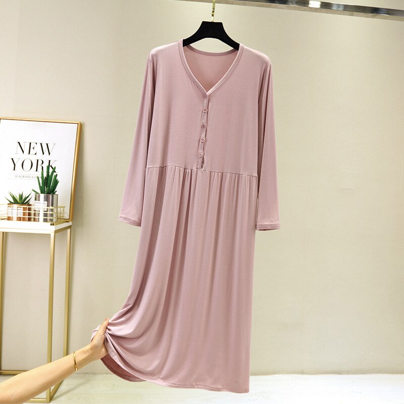 Large early autumn long sleeve button modal cotton loose home dress: Pink