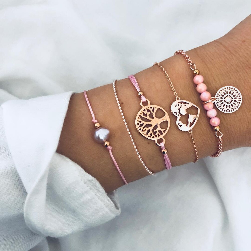 Boho Rose Kaart Armbanden & Armbanden Voor Vrouwen Bohemian Ronde Kralen Charm Armband Set Multilayer Accessoires Bijoux: DCSL-04