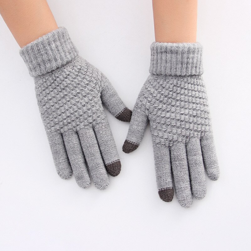 Vinter tykke berøringsskærmshandsker kvinder varm strik strik vanter efterligning uld fuld finger guantes kvindelig hækling: Grå