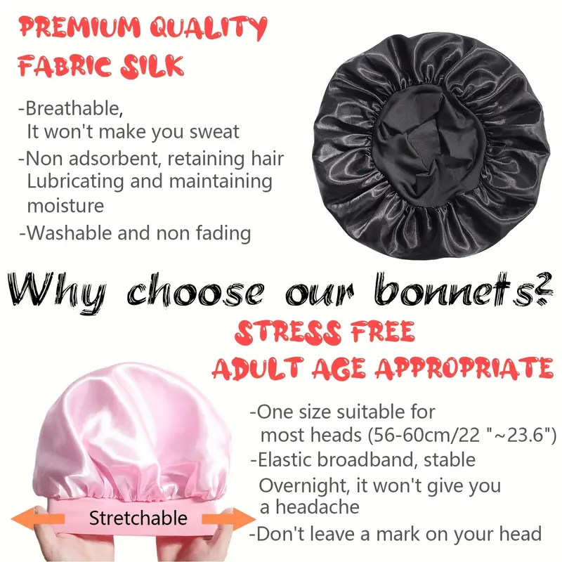 Gorro de satén sedoso para mujer, gorro de ducha de banda ancha elástica reutilizable, gorro para dormir, gorro protector para el cabello Natural rizado, 1 ud.