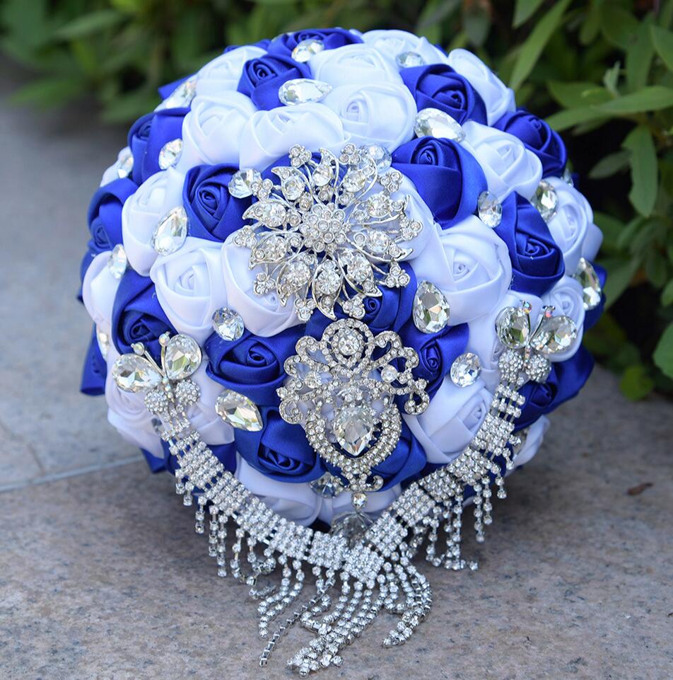 AYiCuthia Bouquet De Mariage Mauve Royal Blue/Purple/Black Bridal Bouquet Wedding Silk Roses Brides Wedding Bouquet With Crystal: Blue