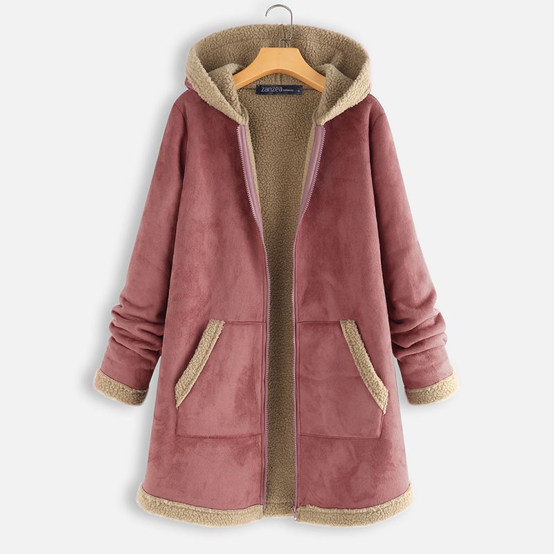Plus Größe ZANZEA Winter Reißverschluss Vlies Jacken Frauen Jahrgang Feste Kapuze Langarm Warme Mäntel Mäntel Femme Outwear: Rosa / L
