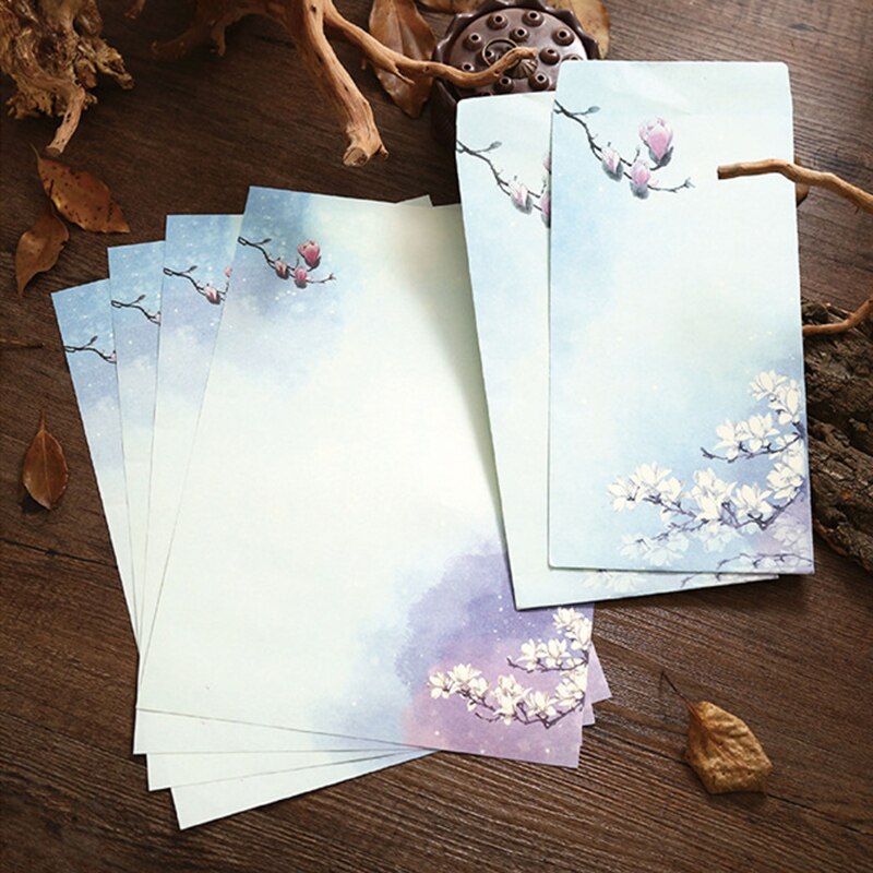 6 unidades/juego de papel de carta y sobre Vintage pintura china flor de loto flores para manualidades sobre papel de cartas de invitación