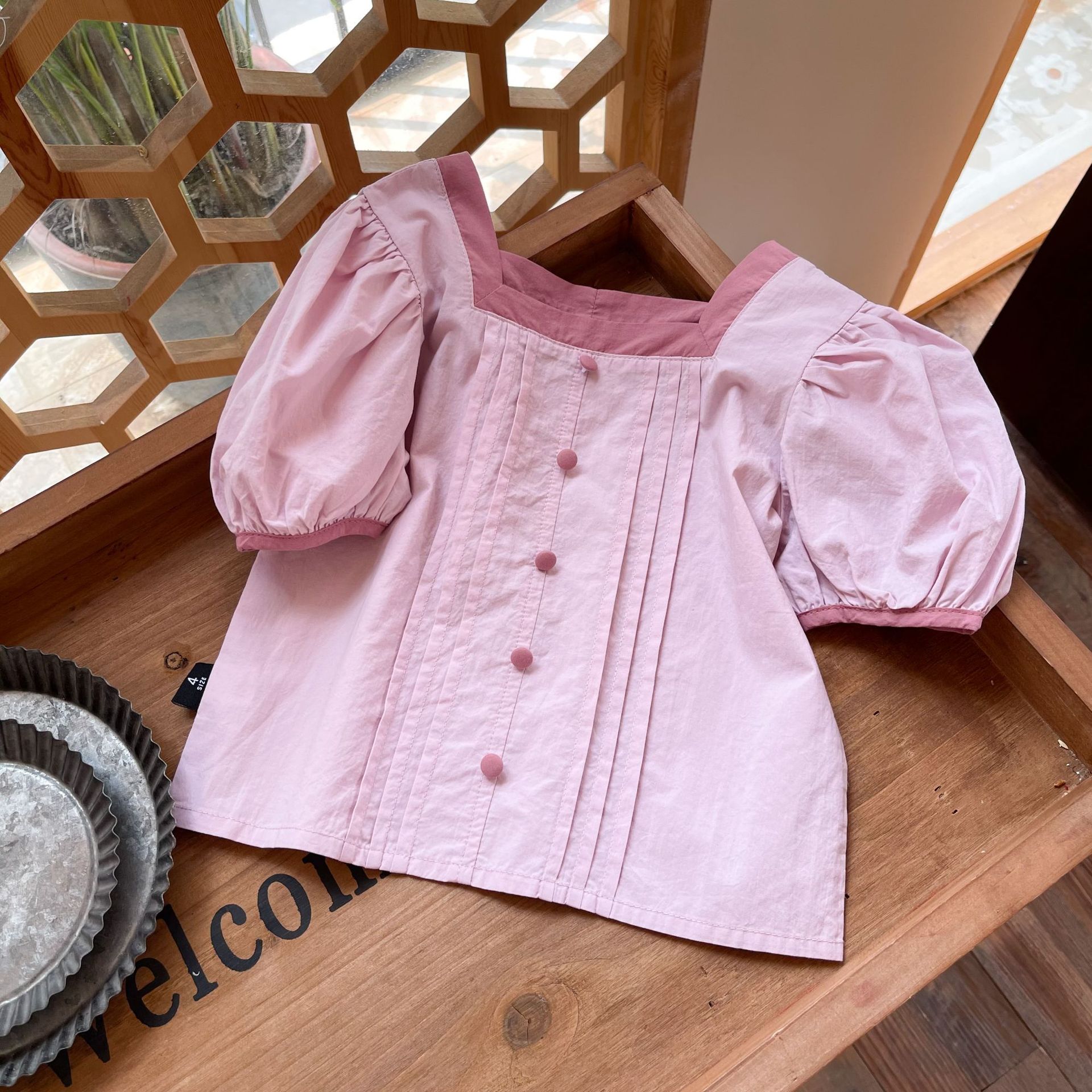 Zomer Koreaanse Stijl Baby Meisjes Katoenen Blouses Pure Kleur Bladerdeeg Mouw Tops Peuters Kids Vierkante Kraag Shirts