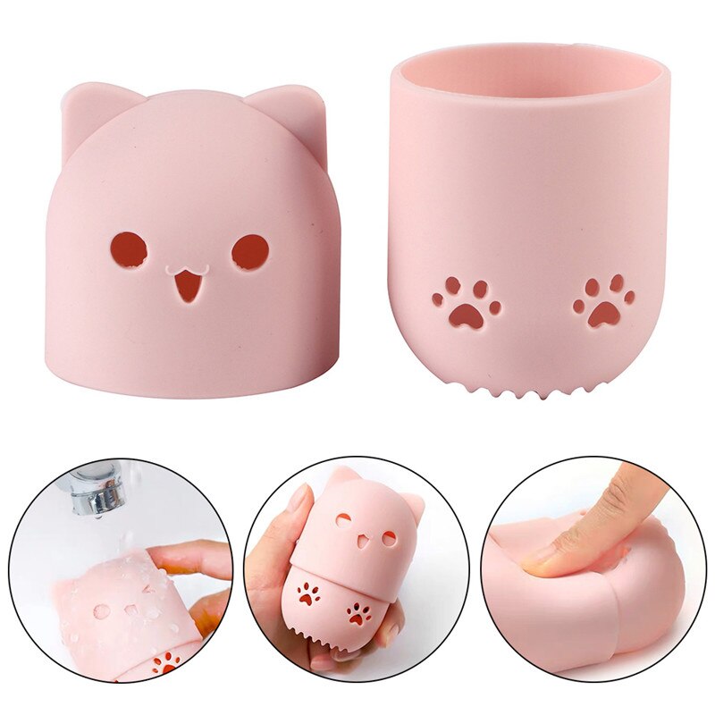 Porta Spugna Per Trucco In Silicone A Forma Di Gatto - Supporto Per Beauty Blender Con Fori Di Ventilazione - Contenitore Da Viaggio Per Makeup Sponge - Rosa