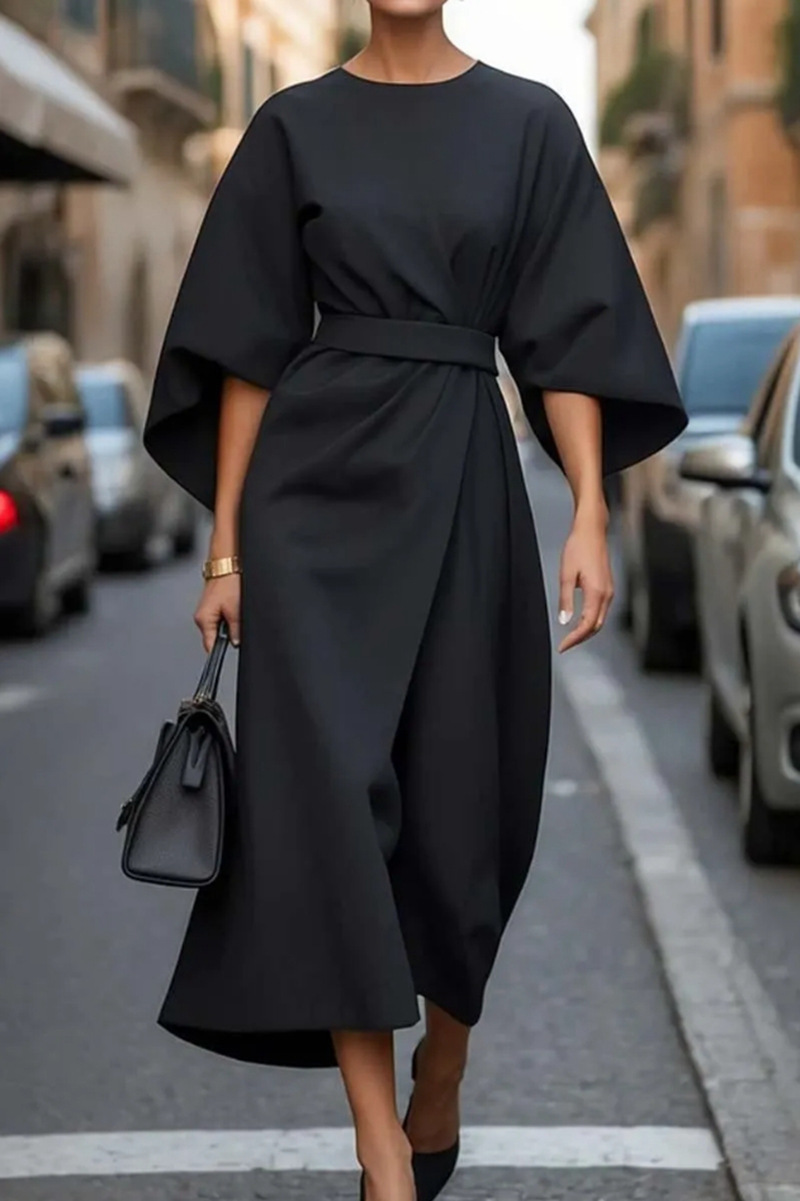 Oansatz Sieben-viertel Hülse Taille Jahrgang Kleid Für Frauen Elegante Einfarbig Temperament Fledermaus Hülse lässig Kleid weibliche