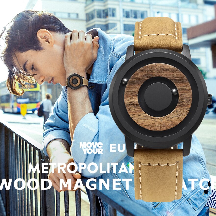 Echt Holz Uhr Kreative Holz Zifferblatt Männer Uhren Magnetische Magnet Metall Ball EUTOUR Mens Retro Quarzuhr Männlichen Saat reloj