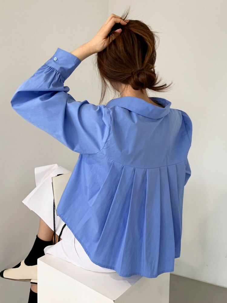 Blusas koszule damskie koreańskie bluzki letnie Blusas Fashion bufiaste rękawy białe bluzki plisowana nieregularna biurowa, damska eleganckie topy: blue