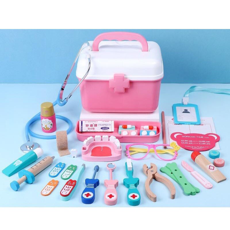Conjunto de juguetes para médicos para niños, casa de juegos para niñas, simulación de madera de inyección, botiquín, para niños