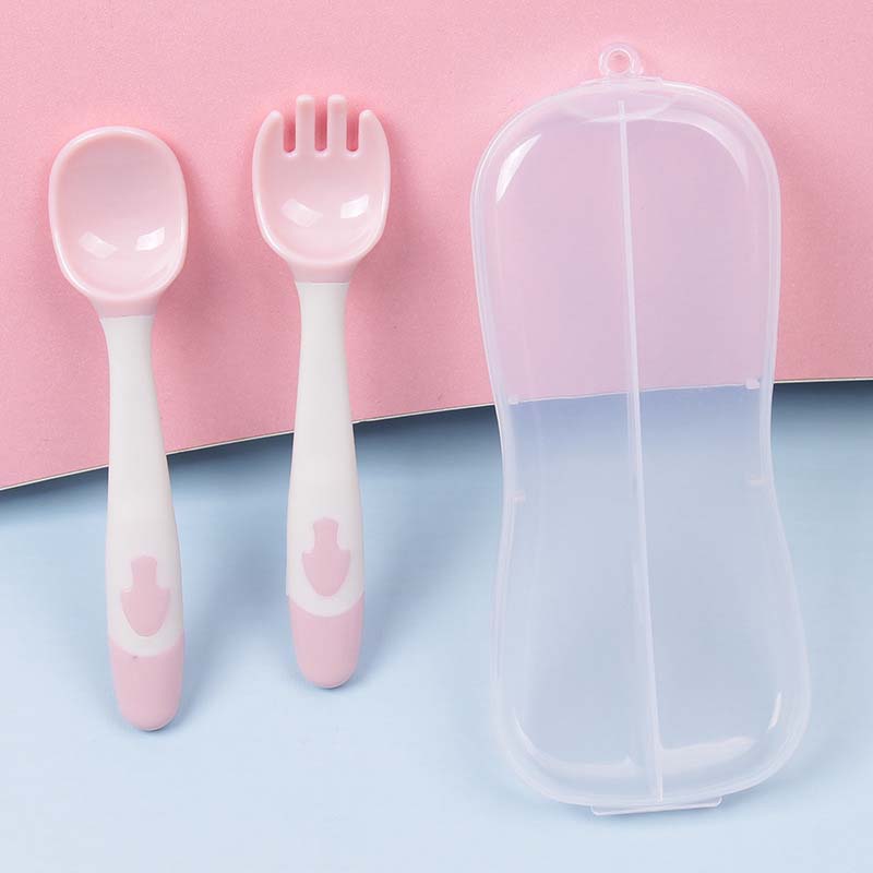 2 Stuks Paddestoel Roze Boxed Vork Lepel Kinderen Training Lepel Paddestoel Eten Lepel Peuter Servies Kan Turn Hoofd lepel: PK