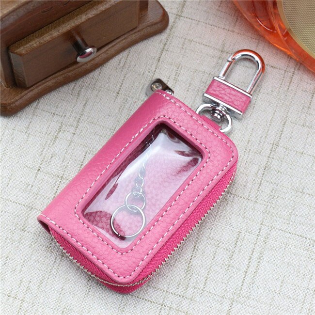 WESTCREEK-Llavero de cuero con cremallera para hombre y mujer, portallaves minimalista, pequeño, organizador de llaves, billeteras con ventana transparente: dark pink