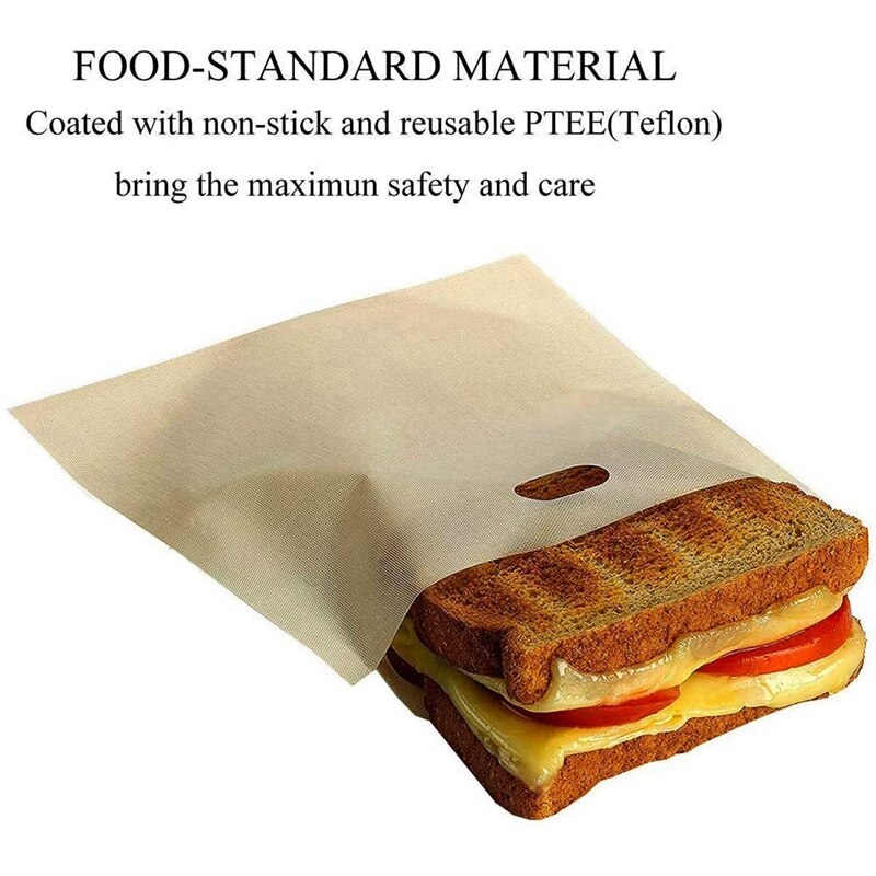 Toaster Bags Reusable for Grilled Cheese Sandwiches, Non Stick, Easy to Clean, Gluten Free, 6.3 x 7.1 Inch, Pack of 10