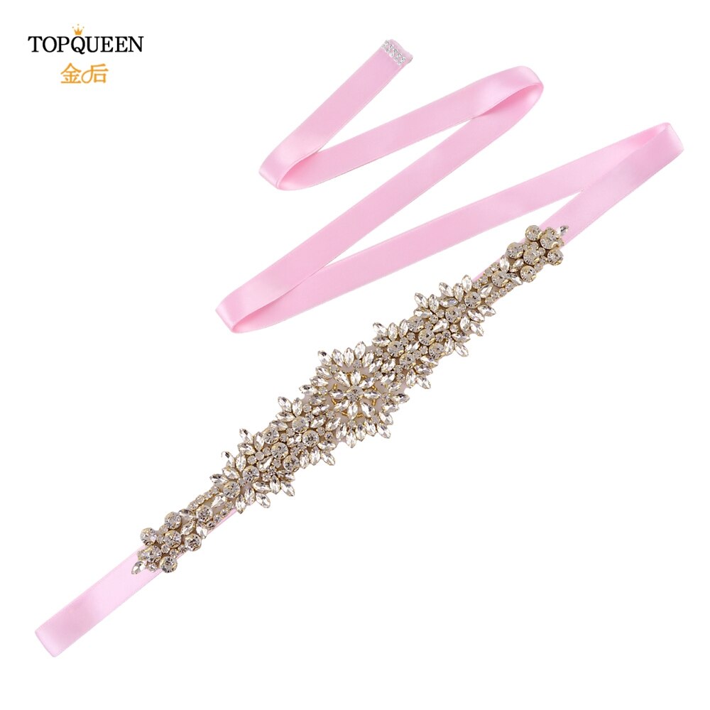 TOPQUEEN-cinturones para vestidos de novia de talla grande S319-G, cinturones dorados para mujer, cinturón de diamantes de imitación, cinta de lujo para novia, faja de boda: Pink ribbon