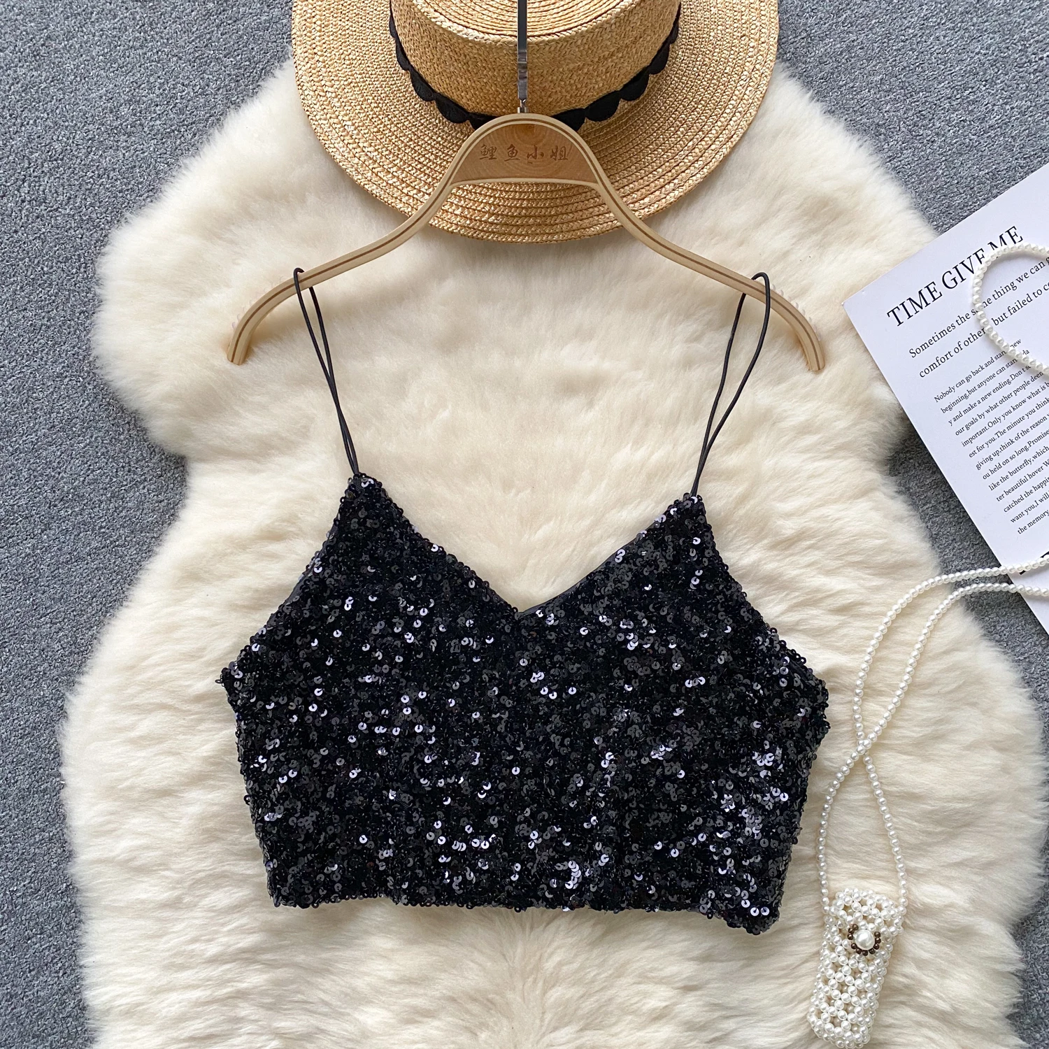 Kvinnor chic paljett linne smal grundläggande sexig koreansk ärmlös axelbandslösa toppar hösttopp