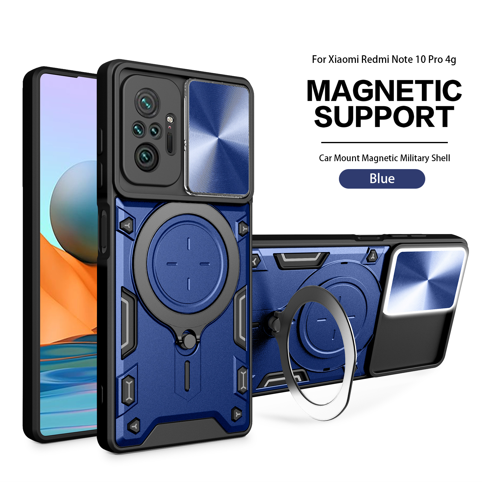 Magsafe Magnetic Camera protection case For Redmi Note 10 Pro 10s Armor Hybrid Metal Ring Back Cover For Redmi 10A 11A 9T 9C NFC: Denim / Blue