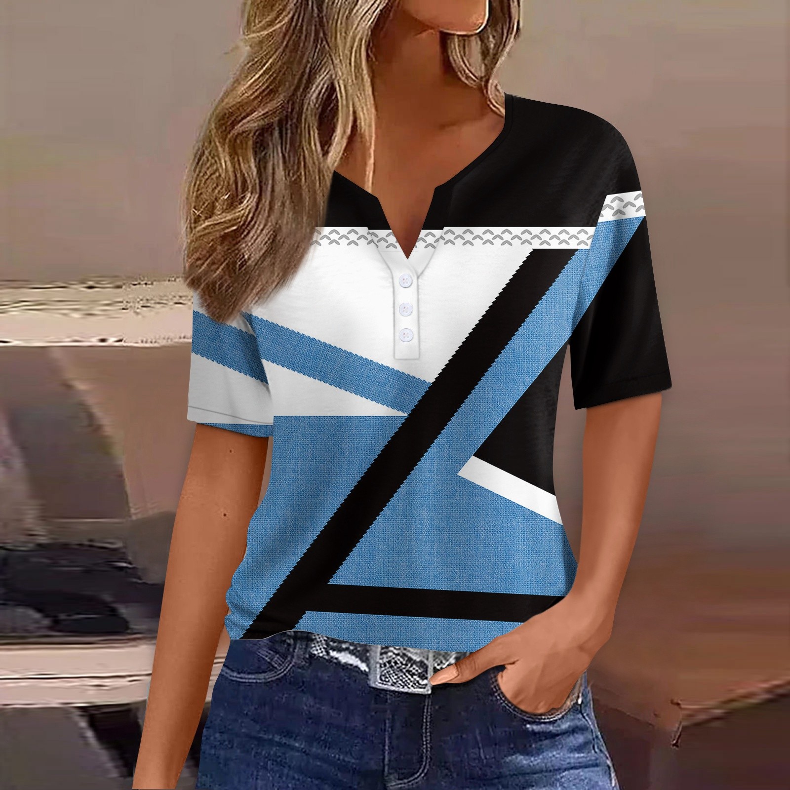 T-shirt à col en V pour femmes, haut décontracté, imprimé rayé, streetwear, t-shirts pour femmes, vêtements d'été,: XL / Bleu