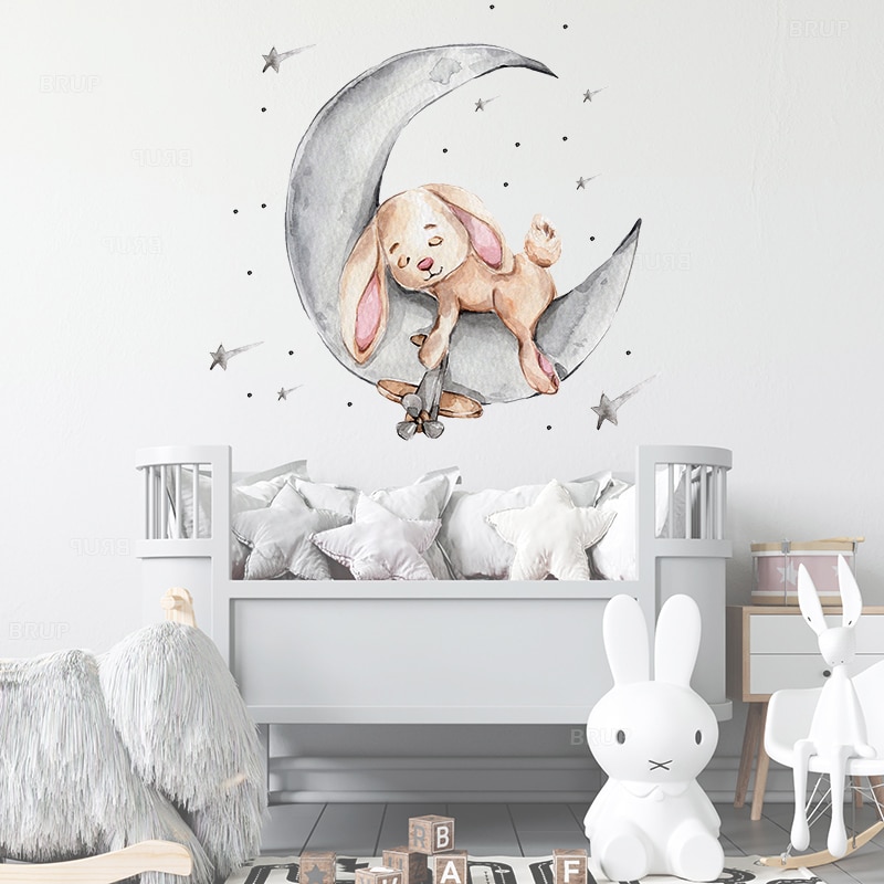 Cartoon Bunny Bear Slapen Op De Maan En Sterren Muurstickers Voor Kinderkamer Babykamer Decoratie Muur Decals Kamer interieur