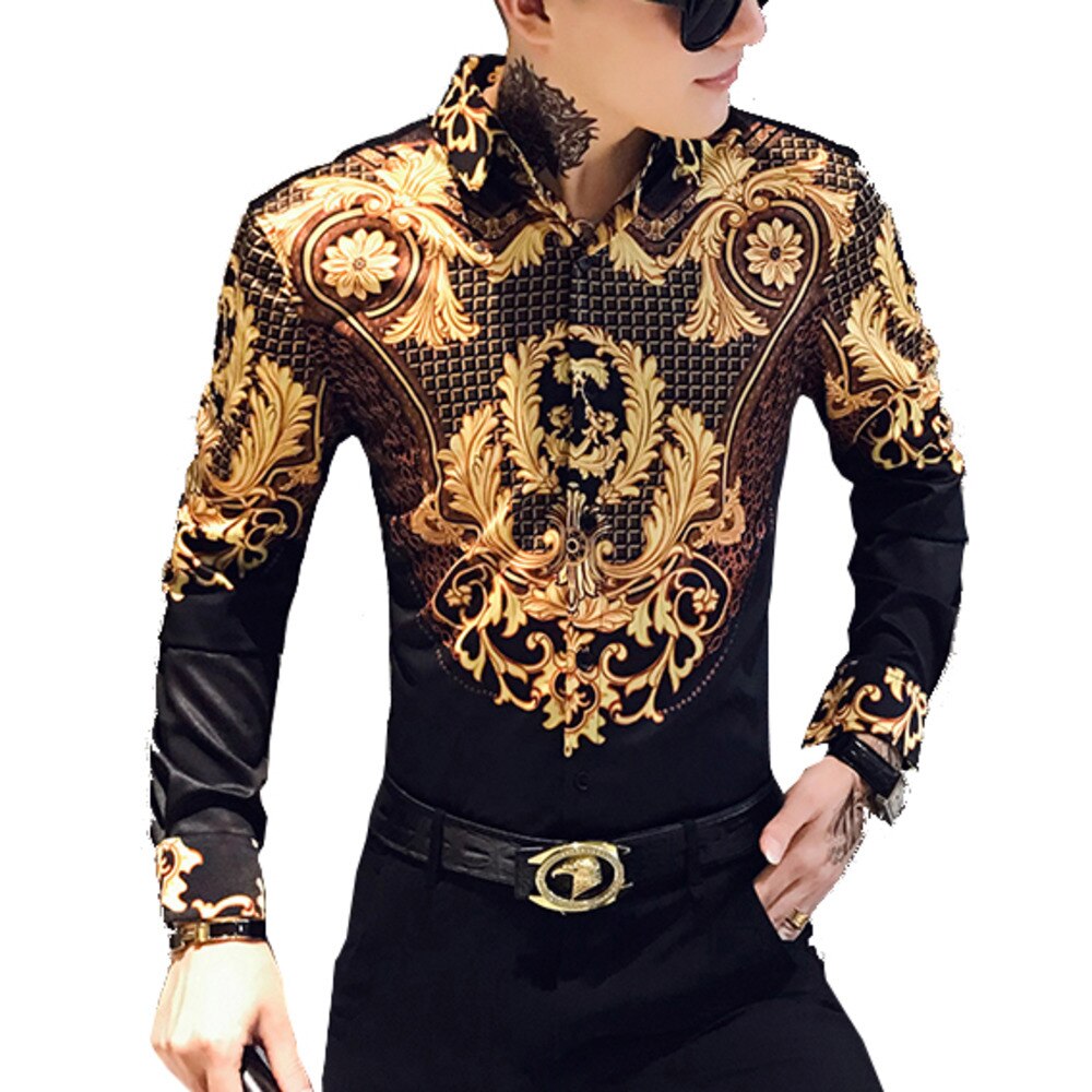 Luxury Gold Print Shirt Mens Men Long Sleeve Shirts Party NightClub Tuxedo Shirts Casual Slim Fit Streetwear Blouse Homme