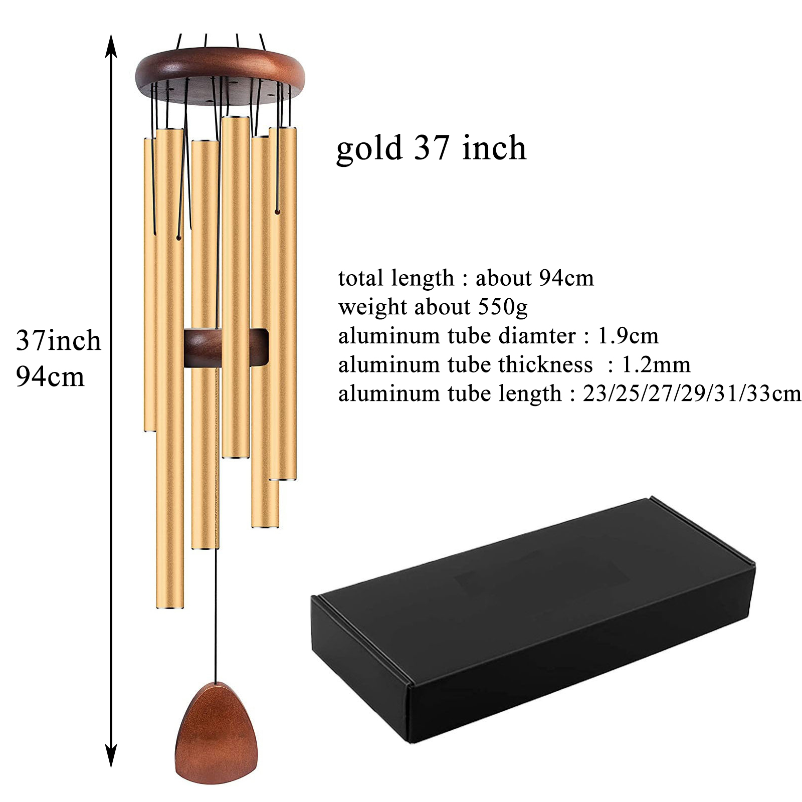 Campana de carillón de viento de Metal, 37 pulgadas, 6 tubos de aluminio hechos a mano para decoración de jardín al aire libre, Patio, hogar, decoración Zen, meditación: Oro