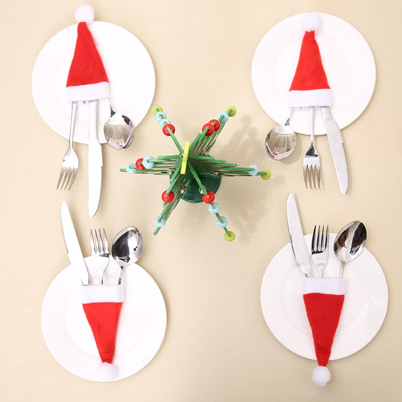 10 stks/partij Mini Kerst Hoed Servies Mes Vork Zak Kerst Decoraties Voor Huis