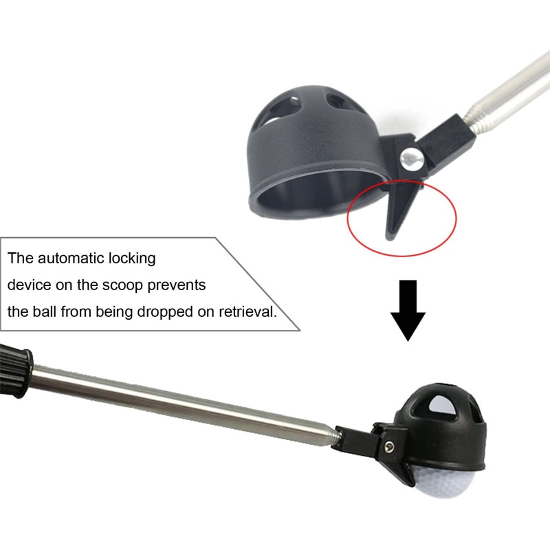 Golf Ball Picker Black Stainless Steel Automatic Locking Scoop Telescopic Extendable Retriever