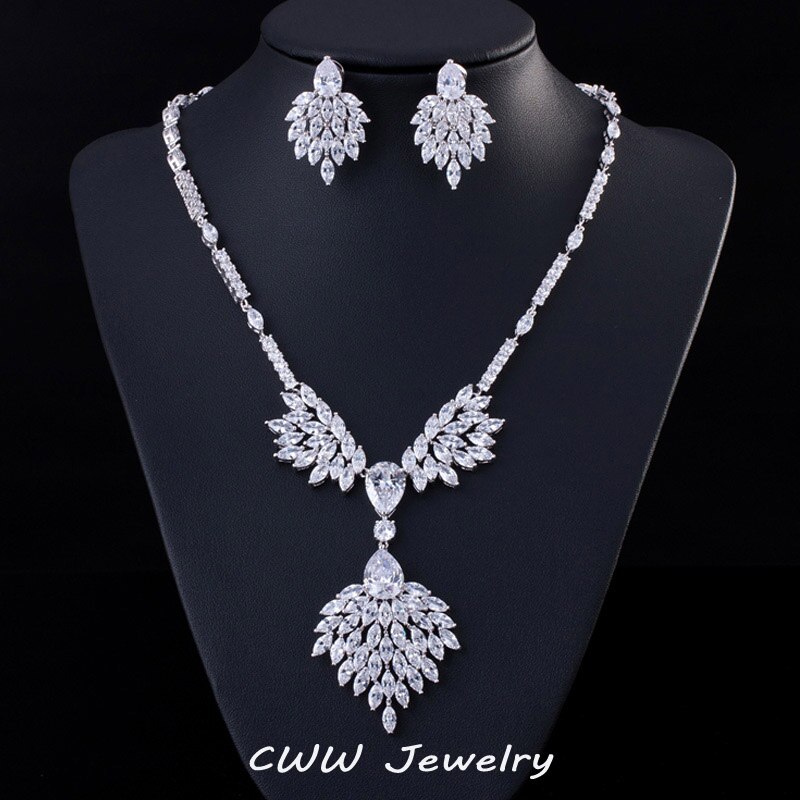 CWWZircons Marca Designer de Acessórios Do Casamento de Noiva Conjunto de Jóias Big Drop Red Cubic Zirconia Colar e Brincos de Noiva T231: white