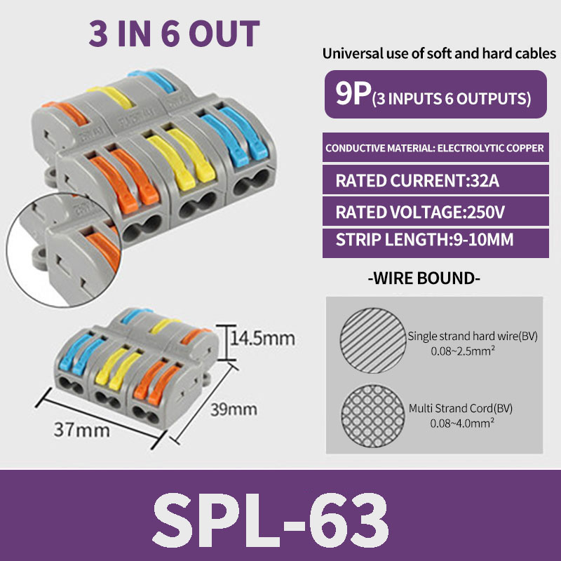 Conector de cableado rápido de salida múltiple, Cable de cableado divisor Universal, bloque de terminales de empuje, cableado rápido Universal SPL 222 23