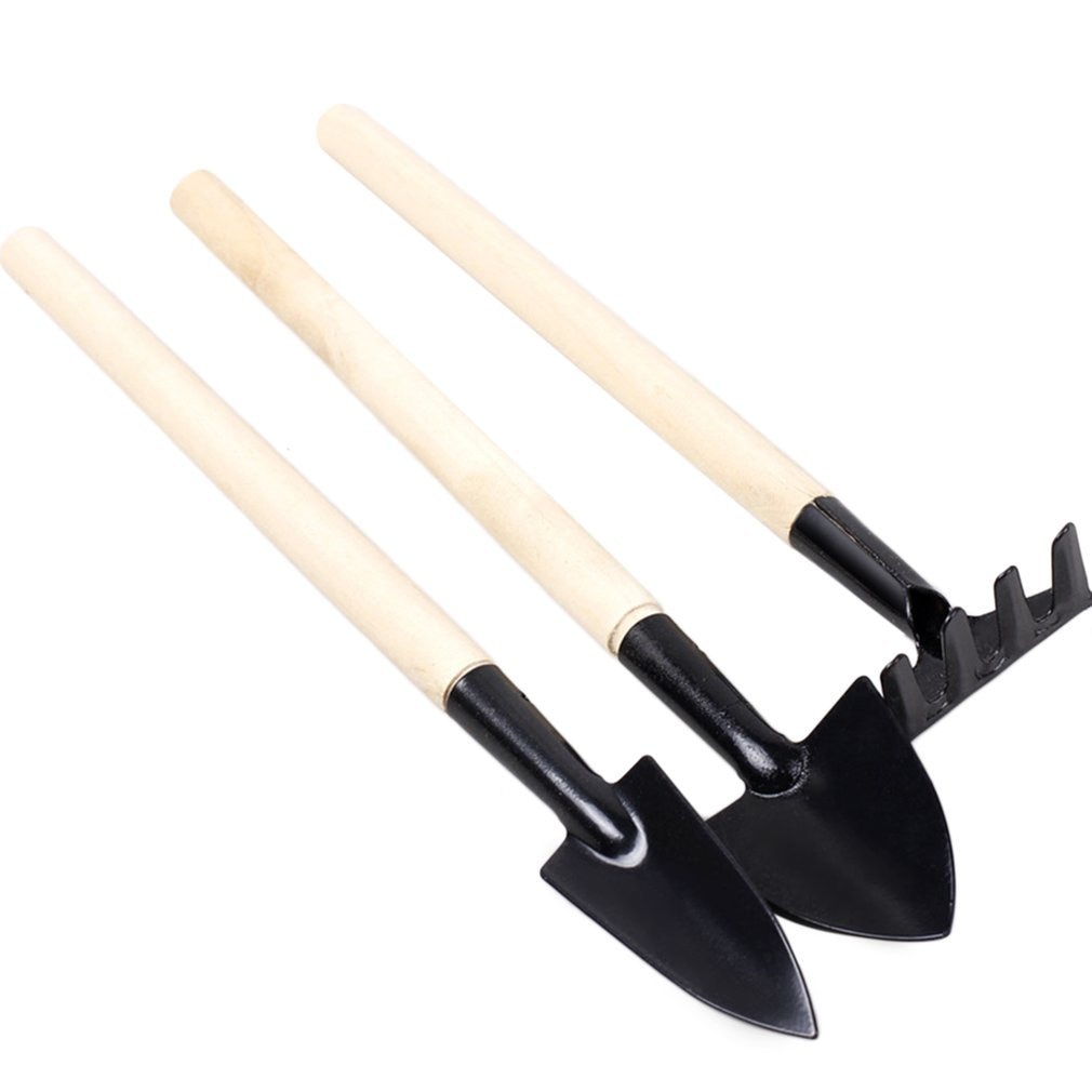 3 Stks/set Tuin Hand Tool Kit Plant Tuinieren Schop Spade Hark Troffel Houten Handvat Metal Head Tuinman