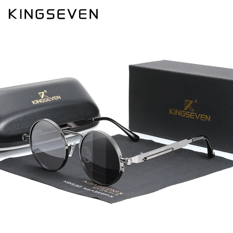 KINGSEVEN, gafas de sol góticas Steampunk de , gafas de sol polarizadas para hombres y mujeres, gafas de sol con montura metálica redonda Vintage de de: Gris degradado